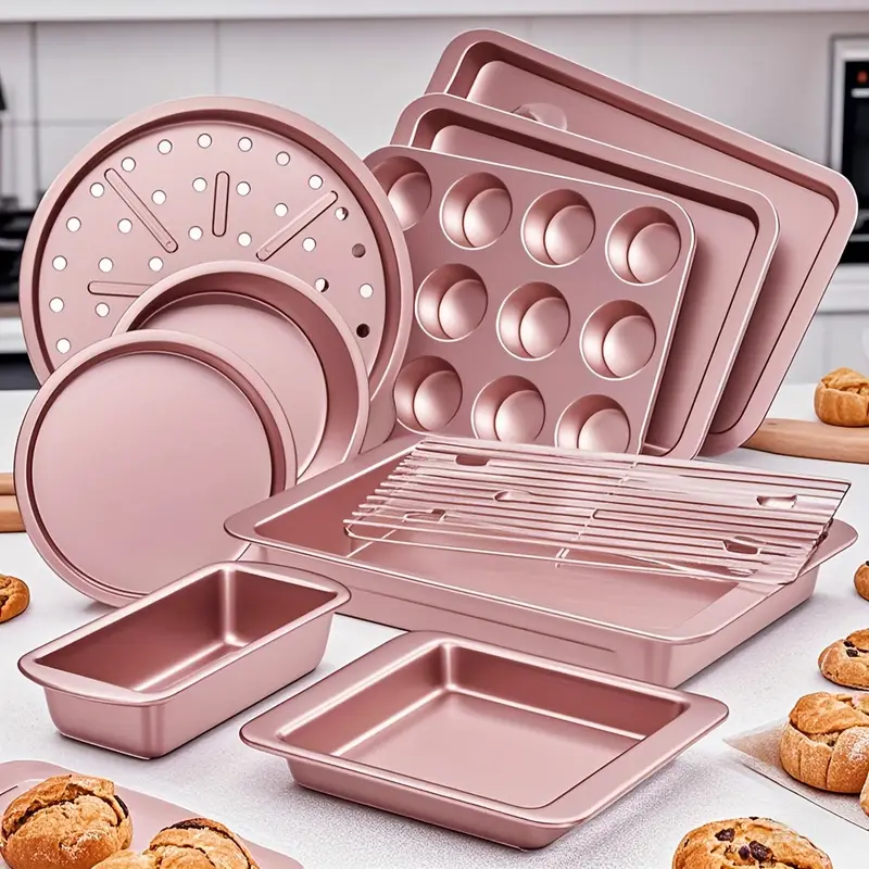 10pcs Non-Stick Baking Pans Set - Deluxe Carbon Steel Bakeware Set W/ Cookie Sheets, Muffin Pan, Roasting Pan, Cake Pan, Baking Tray,