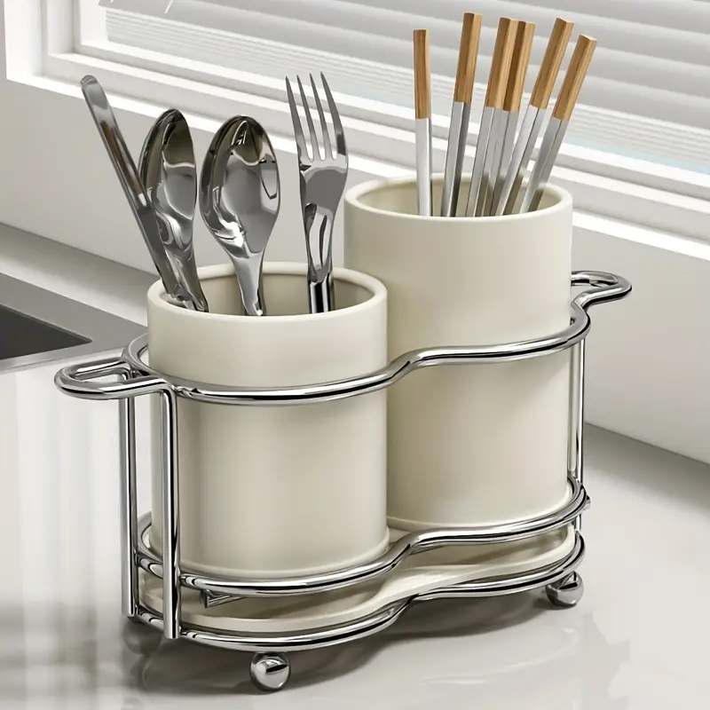 1pc Silverware Cutlery Holder with Metal Frame | Utensil Holder with 2 Compartments | Cutlery Storage Organizer for Kitchen and Countertop