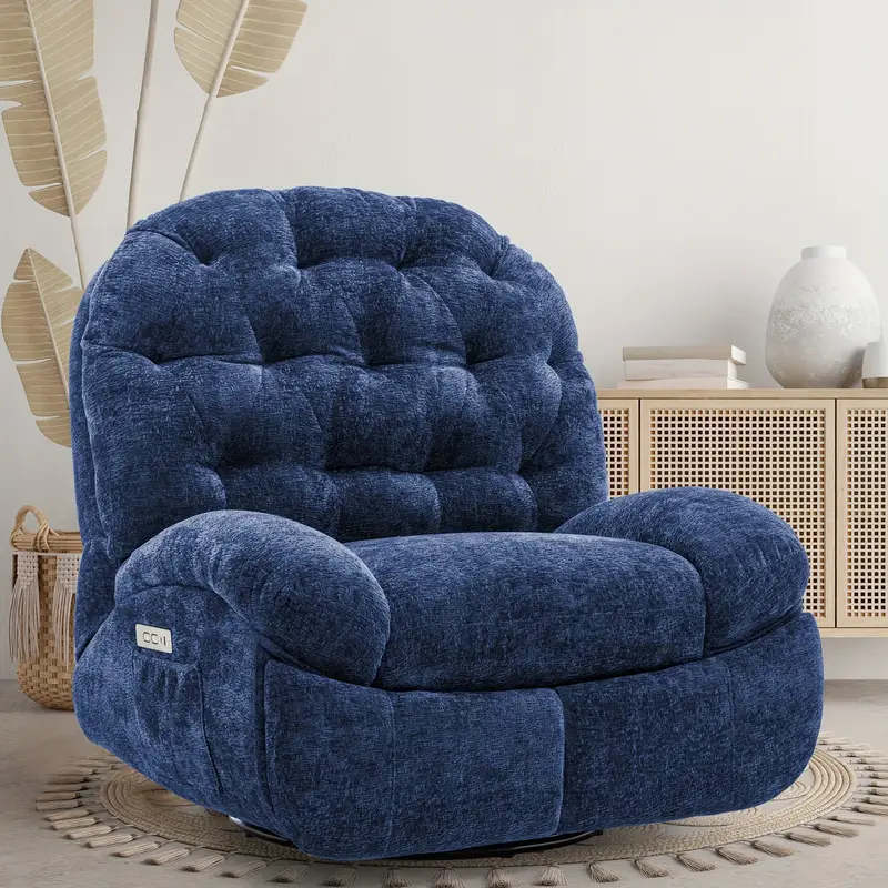 KORSER Ergonomic Recliner Chair with Type-C & USB Ports, Chenille Fabric, 360° Swivel & 5-Side Pockets - Portable Indoor/Outdoor Lounge for Home Theater, Garden, Patio - Holiday & Senior Gift,