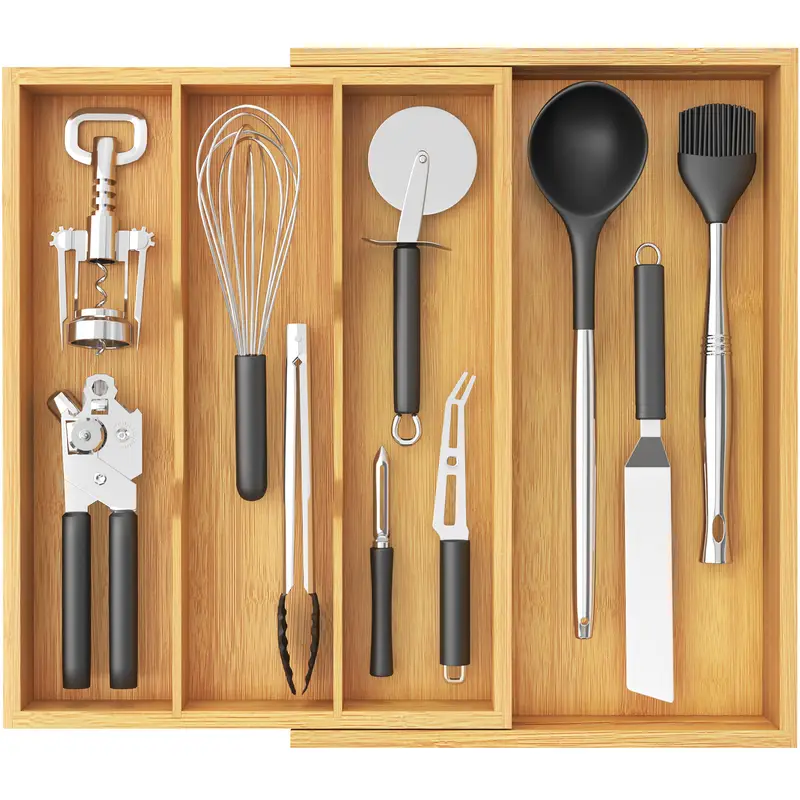 Bamboo Utensil Organizer for Kitchen Drawer, Expandable Cooking Utensil Tray, Cutlery Silverware Flatware Holder, Adjustable Spatula Tools and Gadgets