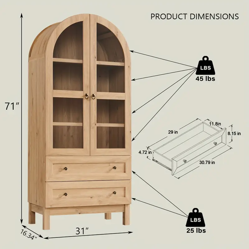 Tall Wooden Kitchen Storage Cabinet | 71" Arched Cabinet With Glass Door, 2 Drawers, Open & Adjustable Shelves For Kitchen, Living