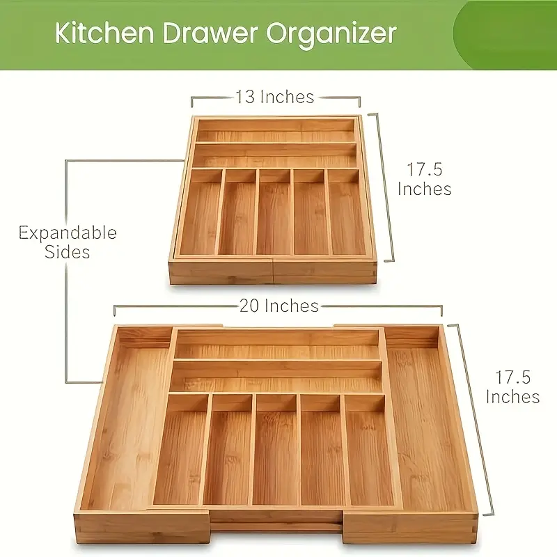 9 Compartments Expandable Bamboo Kitchen Drawer Organizer | Adjustable Silverware Organizers for Drawers, Utensil Tray for Fork, Spoon & Knife Utensils
