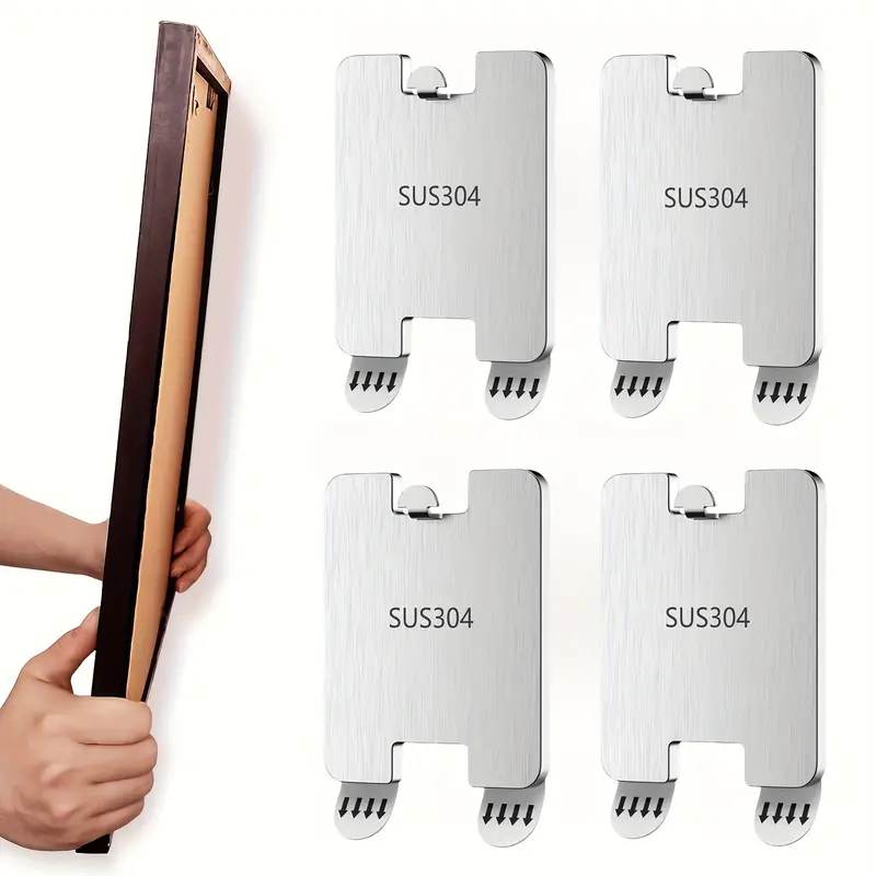Stainless Steel 4-Pack No-Drill Wall Hooks - Easy Install Wall Mount Hanging Kit - Polished Finish for Walls, Wood, Glass, Tile, Concrete