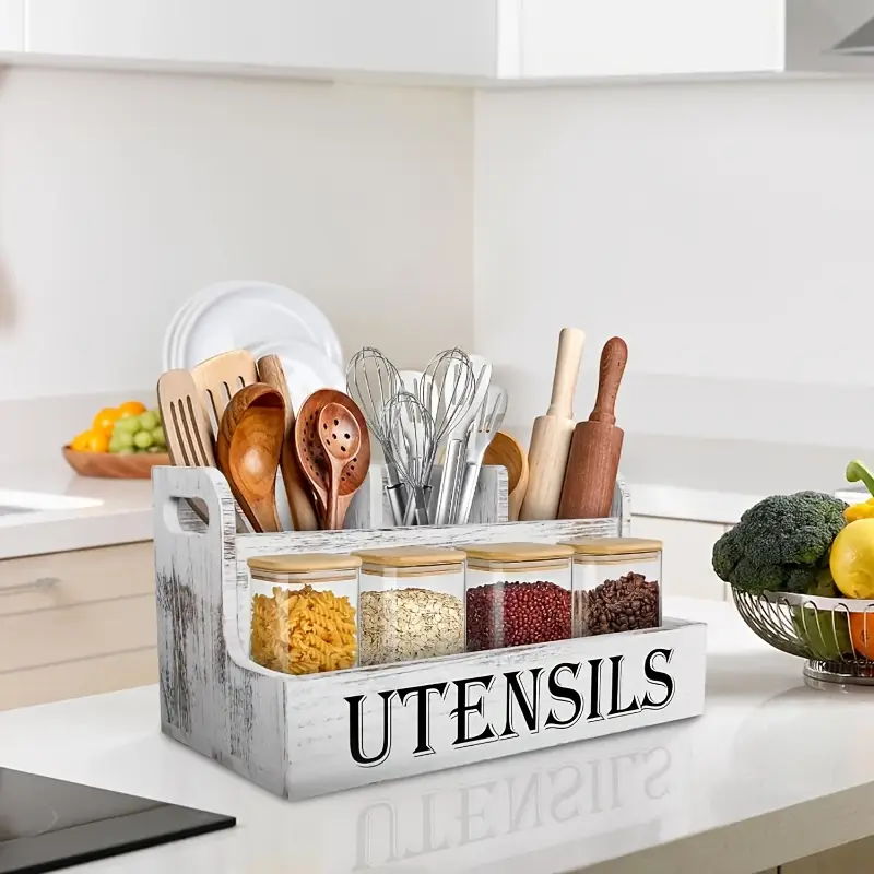 A Rustic Oversized White Wooden Kitchen Utensil Organizer With 4 Compartment Countertop Storage For Cooking Tools, Spices And Accessories, Kitchen Accessories, Functional Design,